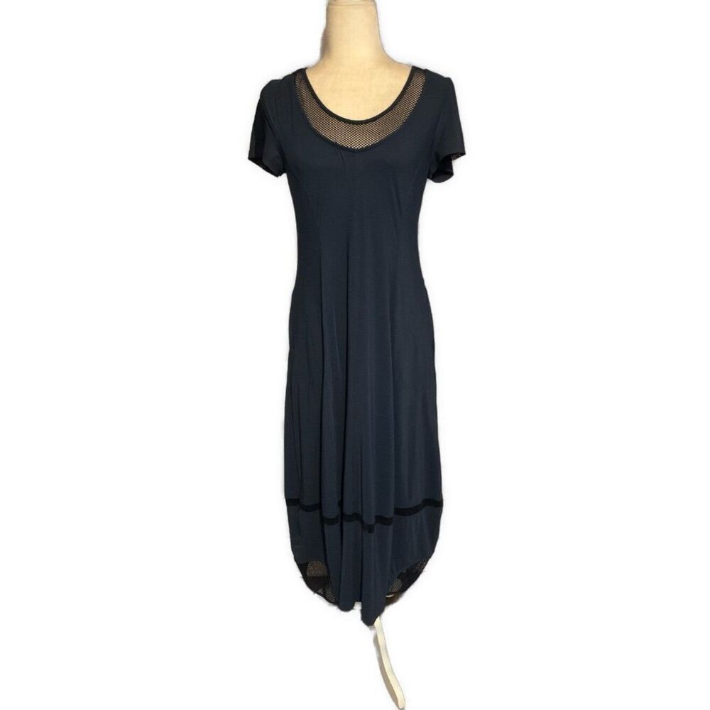 mc planet by innate solid navy blue mesh short sleeve midi dress 1 6 Small